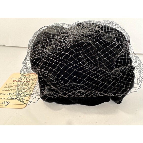 Vintage Lane Bryant Black Velvet and Net Pill Box Hat w Original Tag - Mid Cen main image 10
